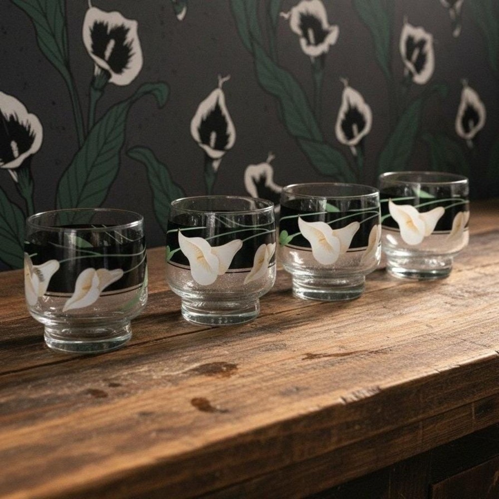 Sango Black Lillies Quadrille Old Fashioned Glasses, Set Of 4, Vintage Barware